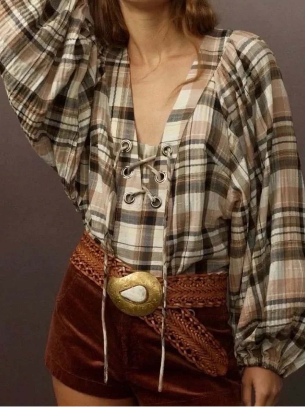 Anthropologie Plaid Lace-Up Peasant Top — Beige, Brown, Cream